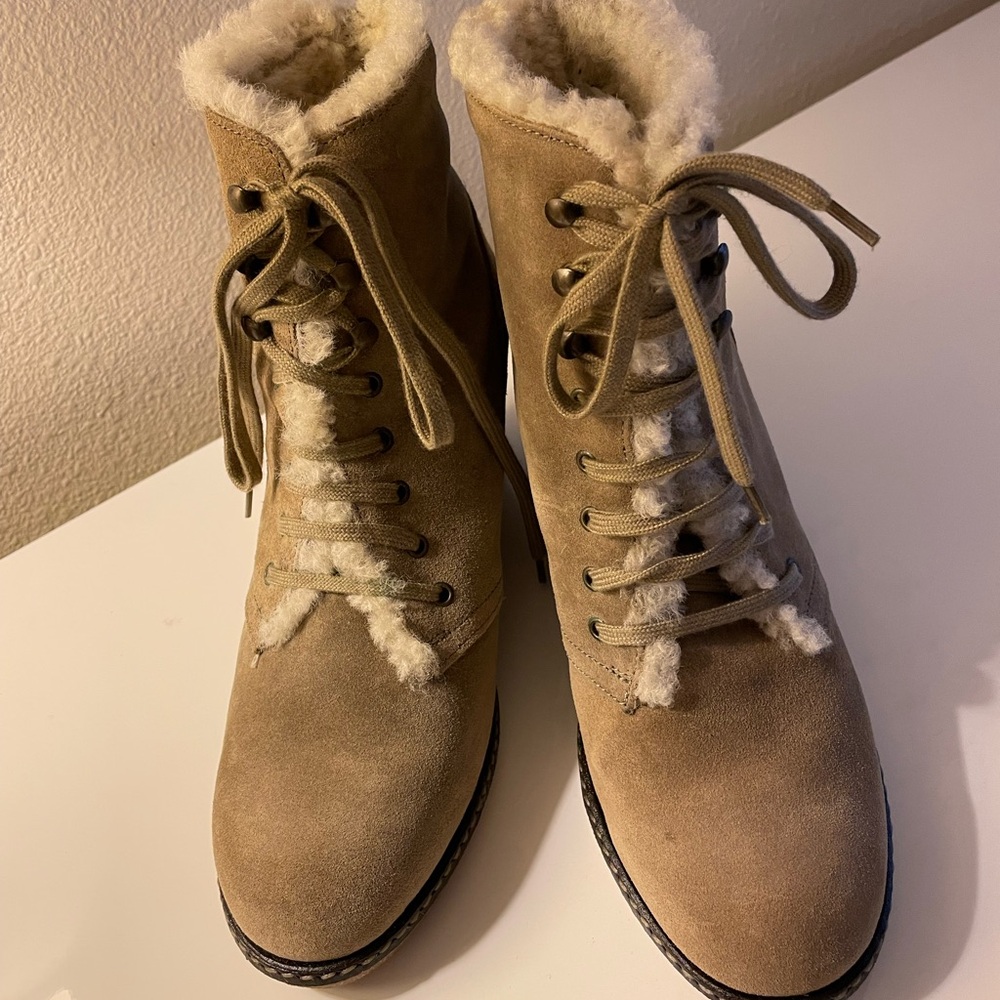 J. Crew Women Macalister Shearling Wedge Boots, Light Tan, Size 8 - fit 7.5.